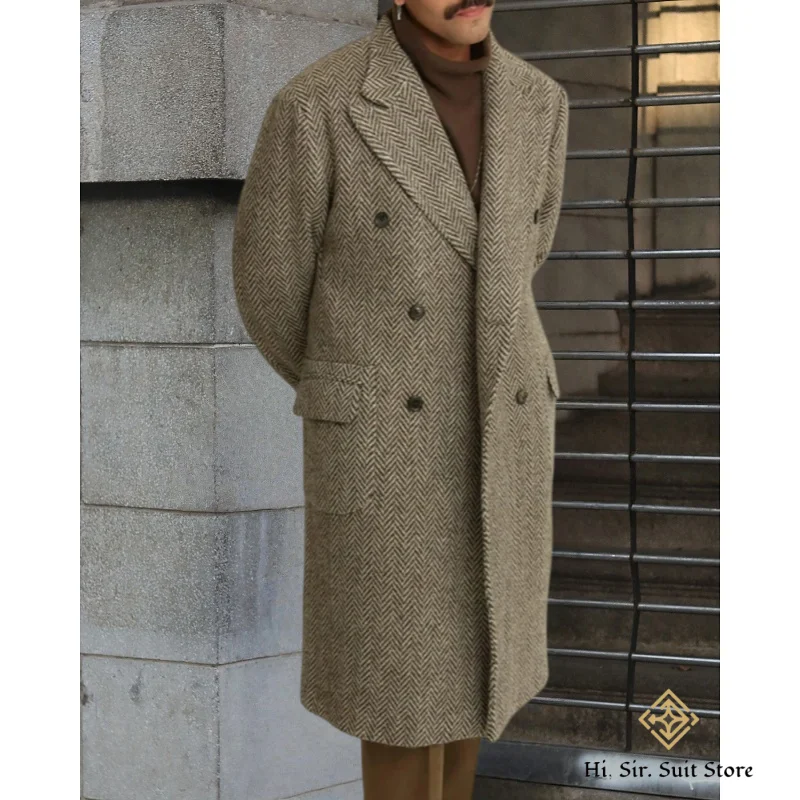 

Italian-style Fall/Winter Men's Thermal Coat British Mid-Length Wool Herringbone Double-Breasted Custom Thickened Coat for Men