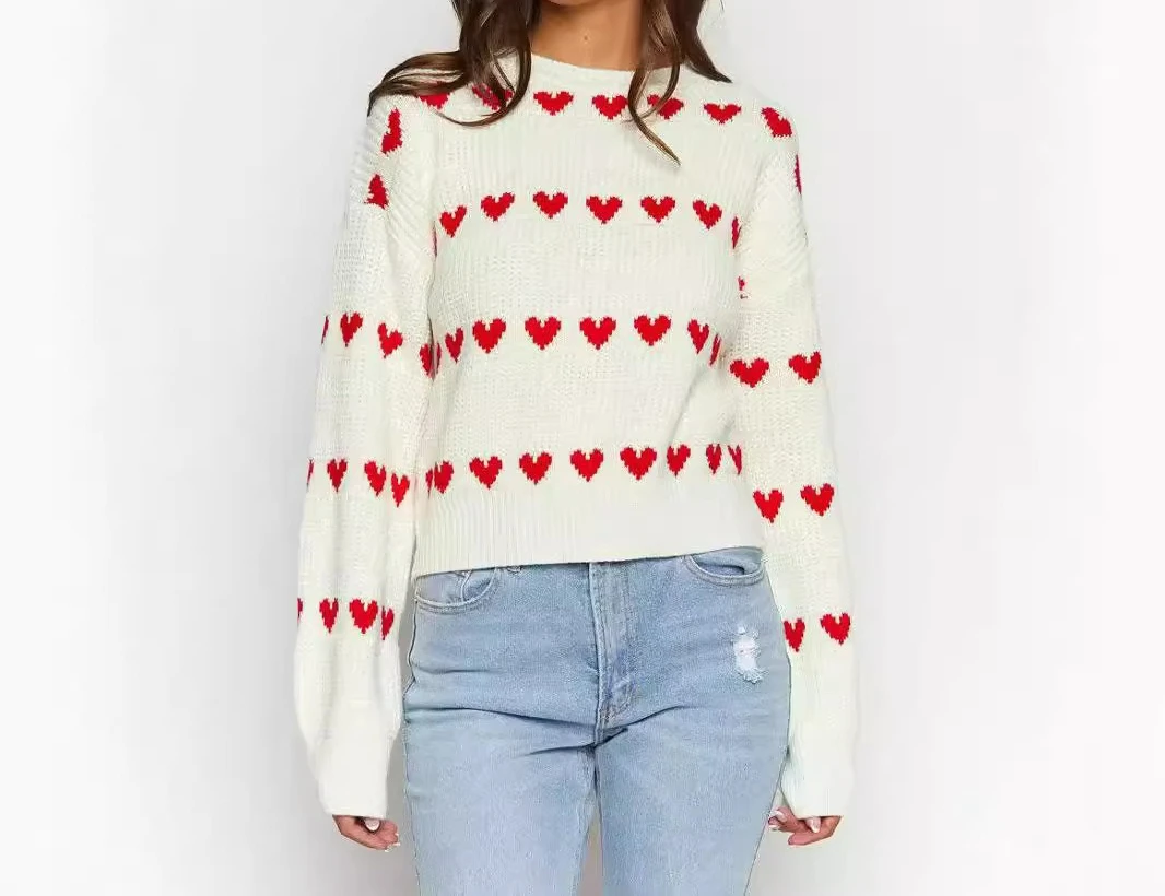 2025 Herbst und Winter New Sweet Love Doppelfarbiger Jacquard-Rundhals-Langarmpullover mit Kapuze