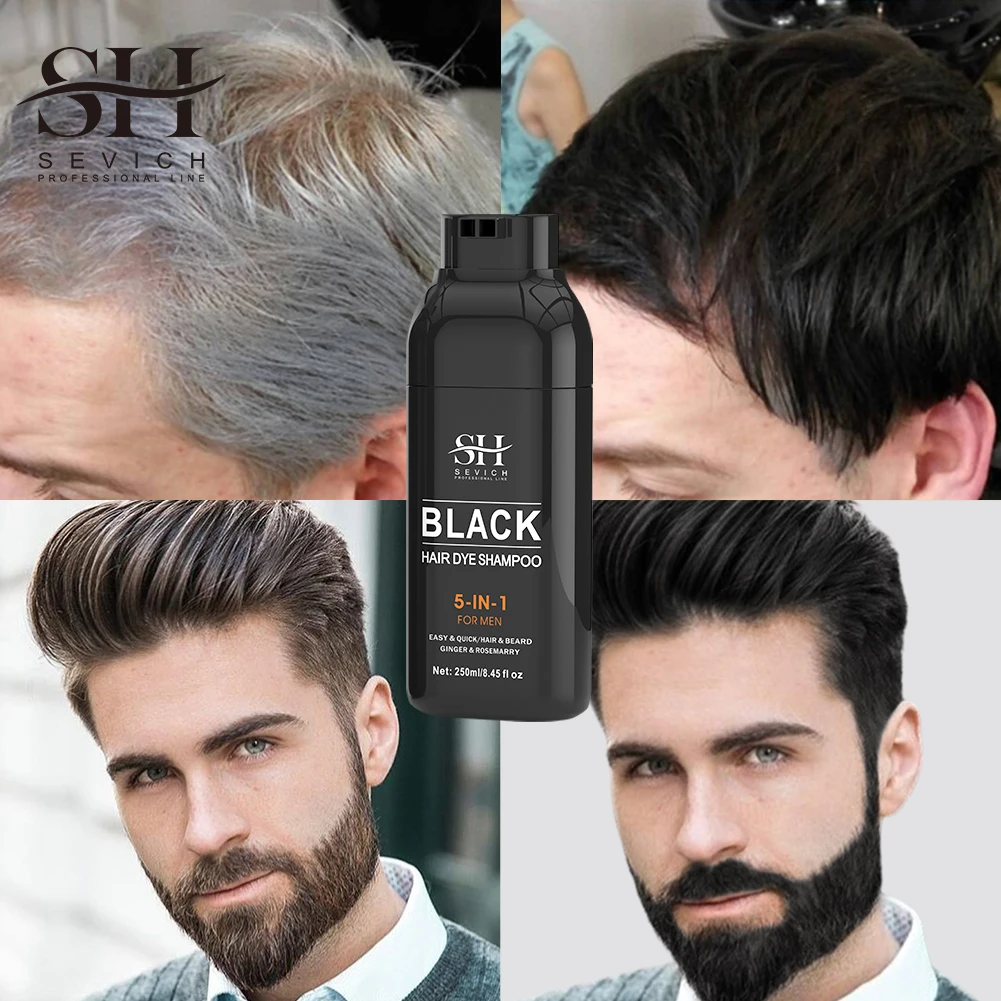 

250ml Black Hair Dye Shampoo 5in1 Natural Black Beard Shampoo Instant Gray To Black Ginger Shampoo Men Repair White Hair Care