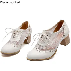 2024 New Women Lace Mesh Breathable Pumps Shallow Brogue Shoes Ladies Vintage Oxford Shoes Lace-Up Chunky High Heels Female34-43