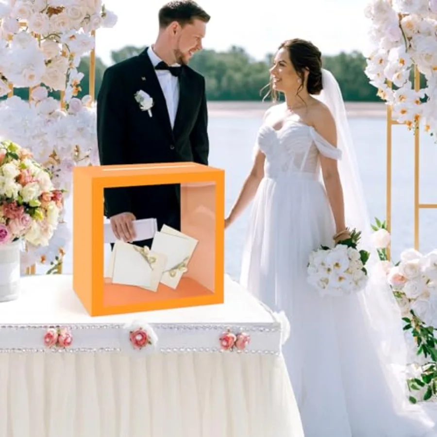 صندوق بطاقات برتقالي مع نافذة شفافة لحفلات الزفاف، صندوق بريد من الورق المقوى، حامل أموال لاستقبال حفل الزفاف، استحمام الطفل أ