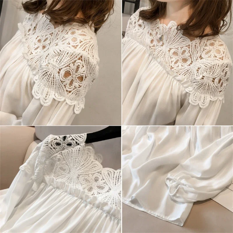 Women Chiffon Blouse Tops Spring Autumn Loose White Lace Blouses Female Long Sleeve Shirt Hollow Long Sleeve Shirt Plus Size