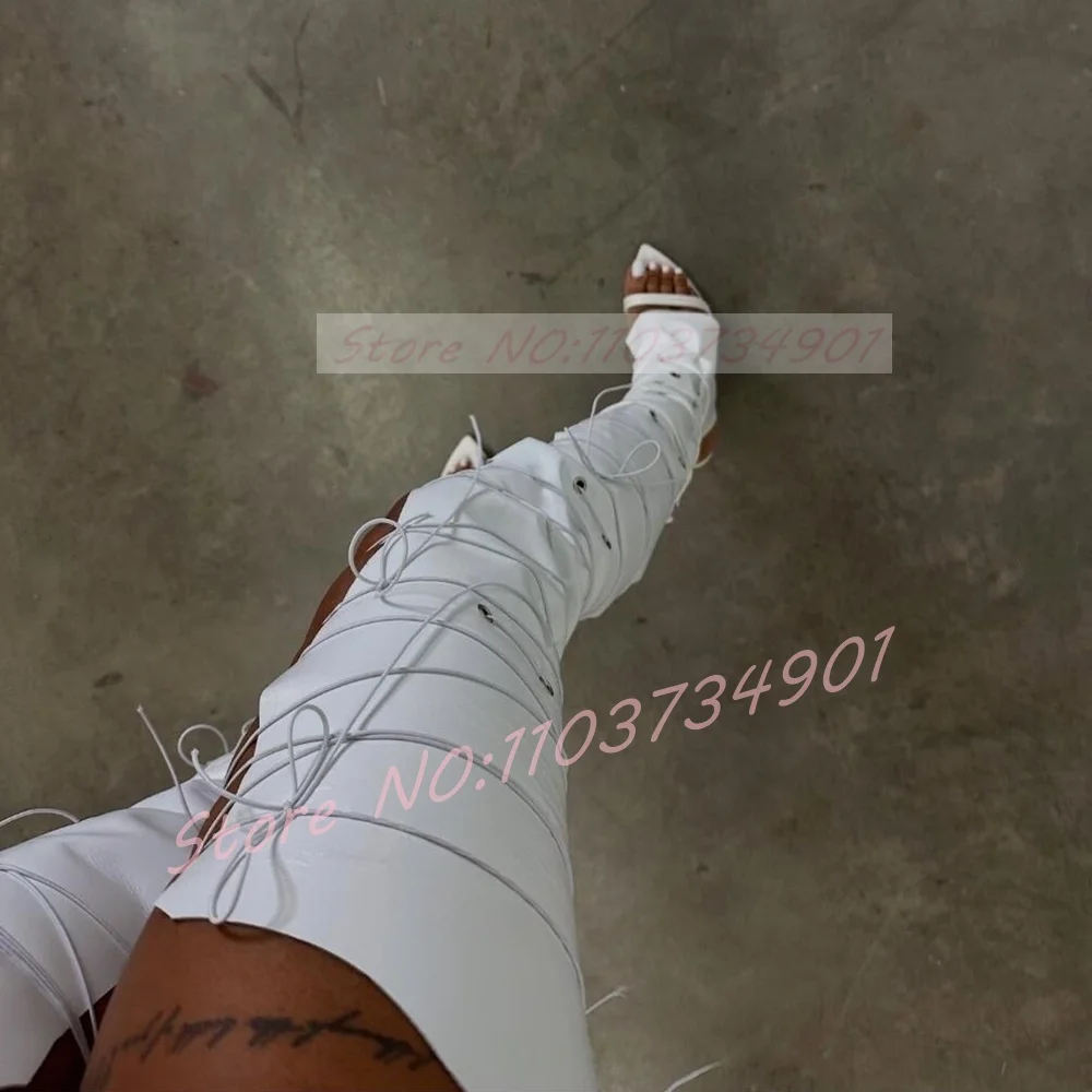 Cross Strap Gladiator Crotch Sandals Women White Lace-up Open Pointed Toe Thin Heels Shoes Lady Sexy Nifty Trendy Solid Sandals view 2