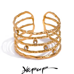Yhpup Chic Layered Stainless Steel Finger CZ Wide Ring Stylish 18K Gold Color French Charms Jewelry Waterproof Women Wholesale