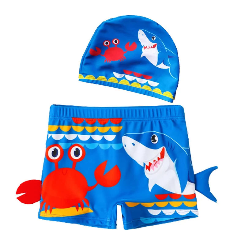 Summer Boys Swim Trunks Set with Hat 2pcs Set Blue Crab Cartoon Print for Children's Boy's Swimwear Kids Bathing Suit 2-12 Years