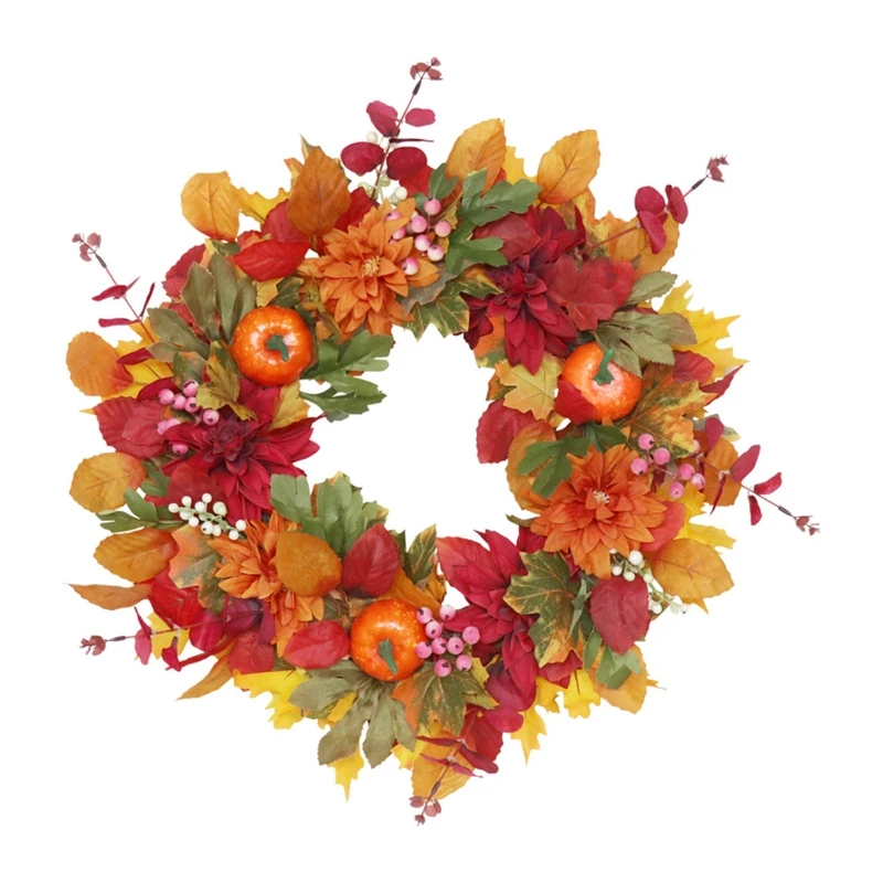 

Autumn Harvest Artificial Wreath with Maple Leaves Pumpkins Flower Berries Thanksgiving Halloween Front Door Wall new arrival