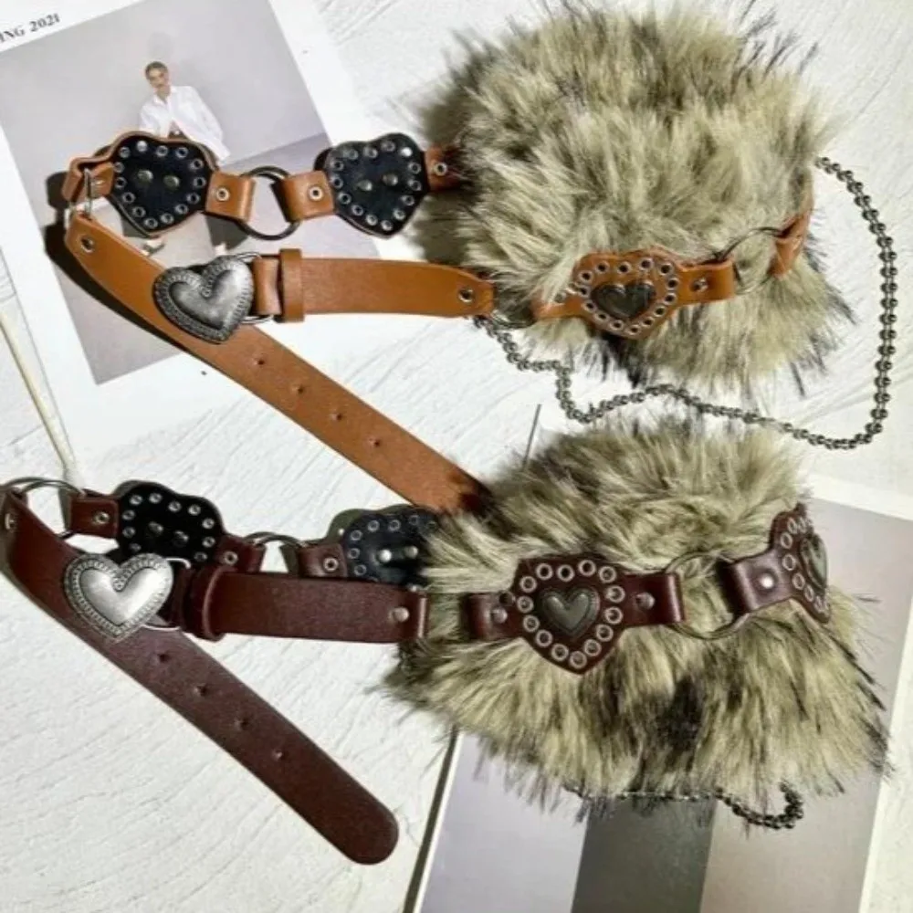 الرجعية المرقعة القلب الجلود الفراء حزام بولي Leather الجلود حار فتاة نمط أفخم حزام الكورية نمط فاسق Y2K حزام الإناث/الفتيات