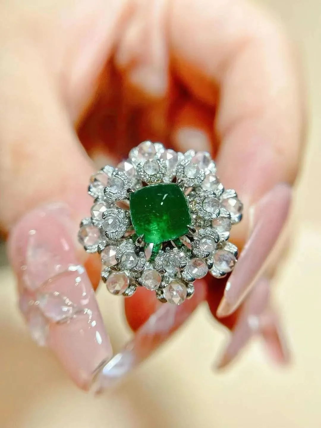 luxury genuine jewelry natural emerald ring 18K white gold with diamond fine women jewelry  free shipping