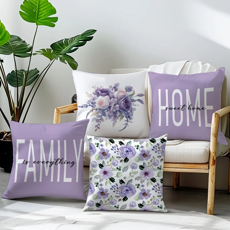 4PCS Printed Throw Pillow Covers Set Boho Floral Botanical Script Cushion Cases Polyester Home Decor for Living Room Sofa