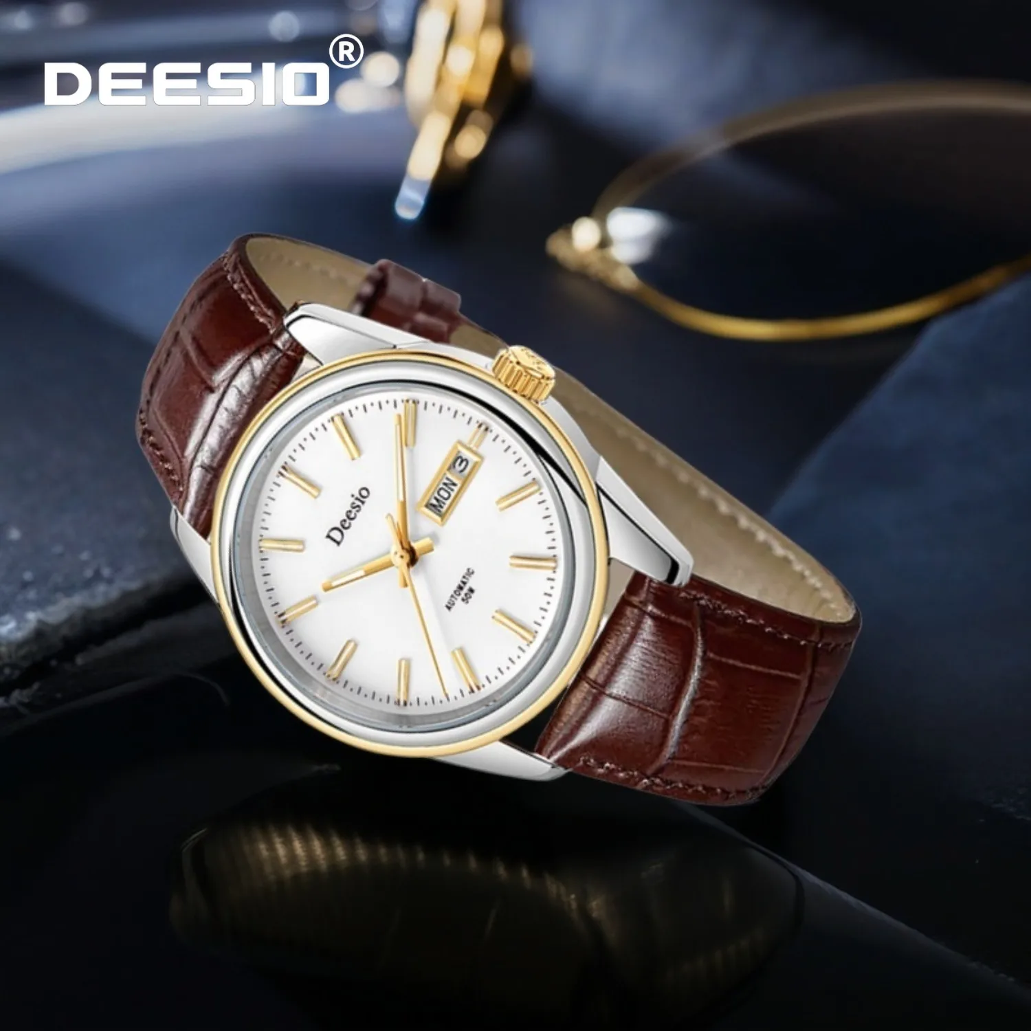 Deesio Men's Automatic Mechanical Watch Luminous Hands Day Date Stainless Steel Sapphire Glass Business Casual Waterproof 30M