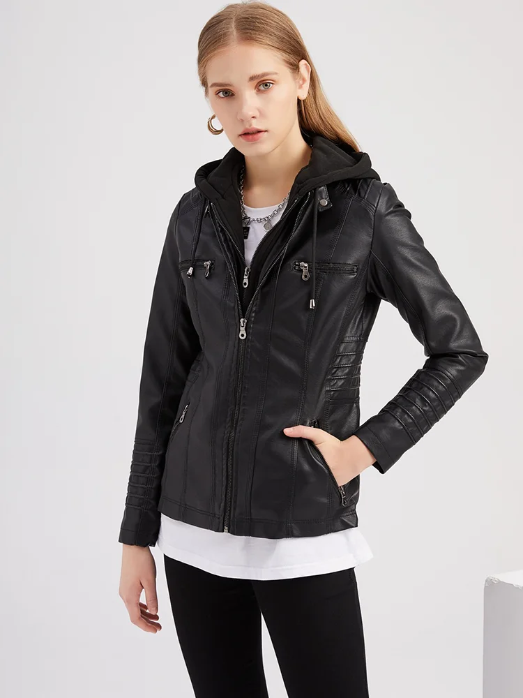 

Women's Hooded PU Washed Waist Jacket, Faux Leather Jacket, Pocket and Zipper, Spring and Autumn Coat, Fashion, 2023