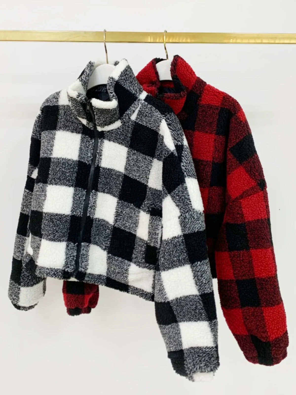 Retro Plaid Lammfell Jaet Damen Faionable Fluffy Zipper ort Oberbekleidung Trendiger Wintermantel Ladylike Loose Fit Baumwolle