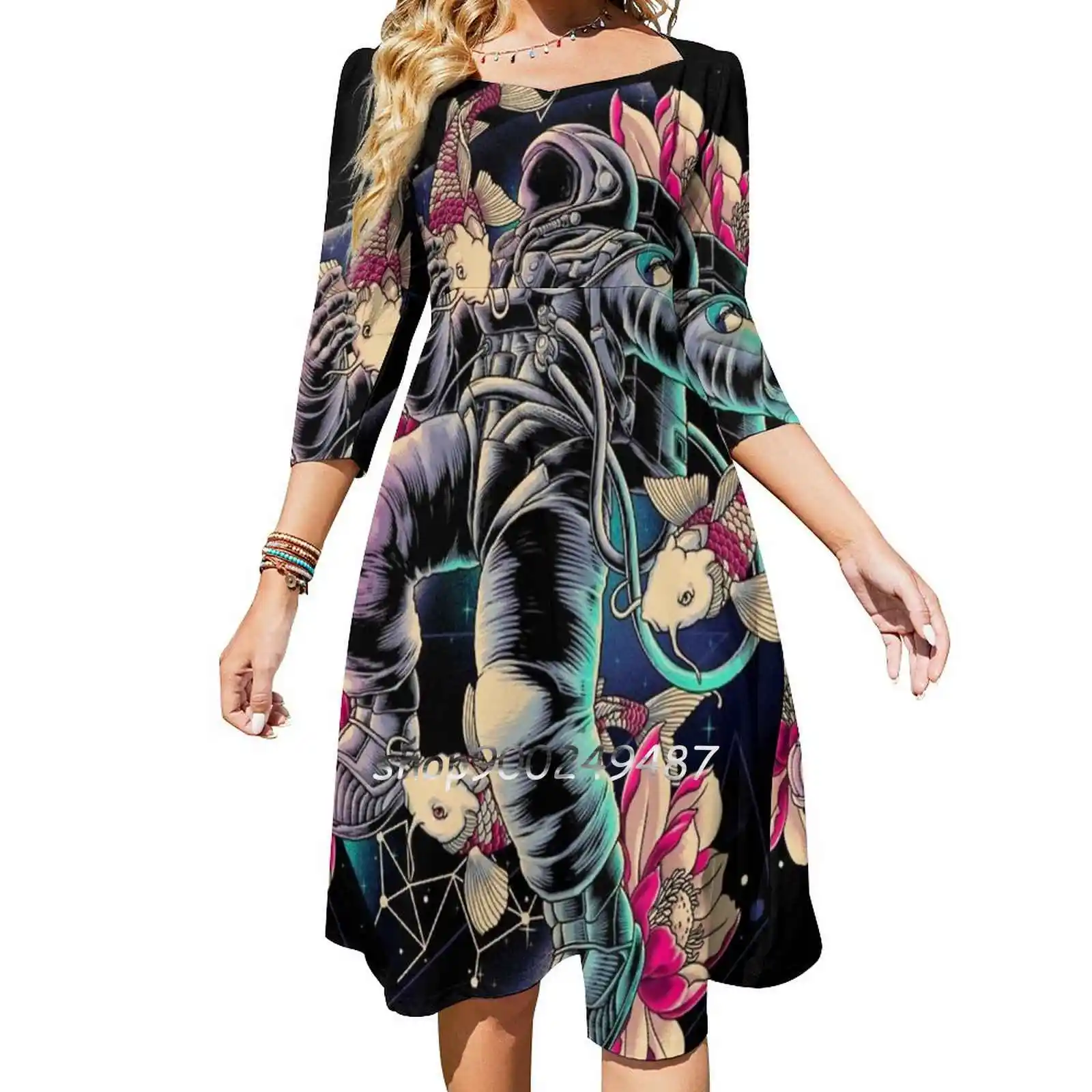 Deep Space Flare Dress Square Neck Dress Elegant Female Fashion Printed Dress Astronaut Space Spaceman Cosmonaut Cosmic