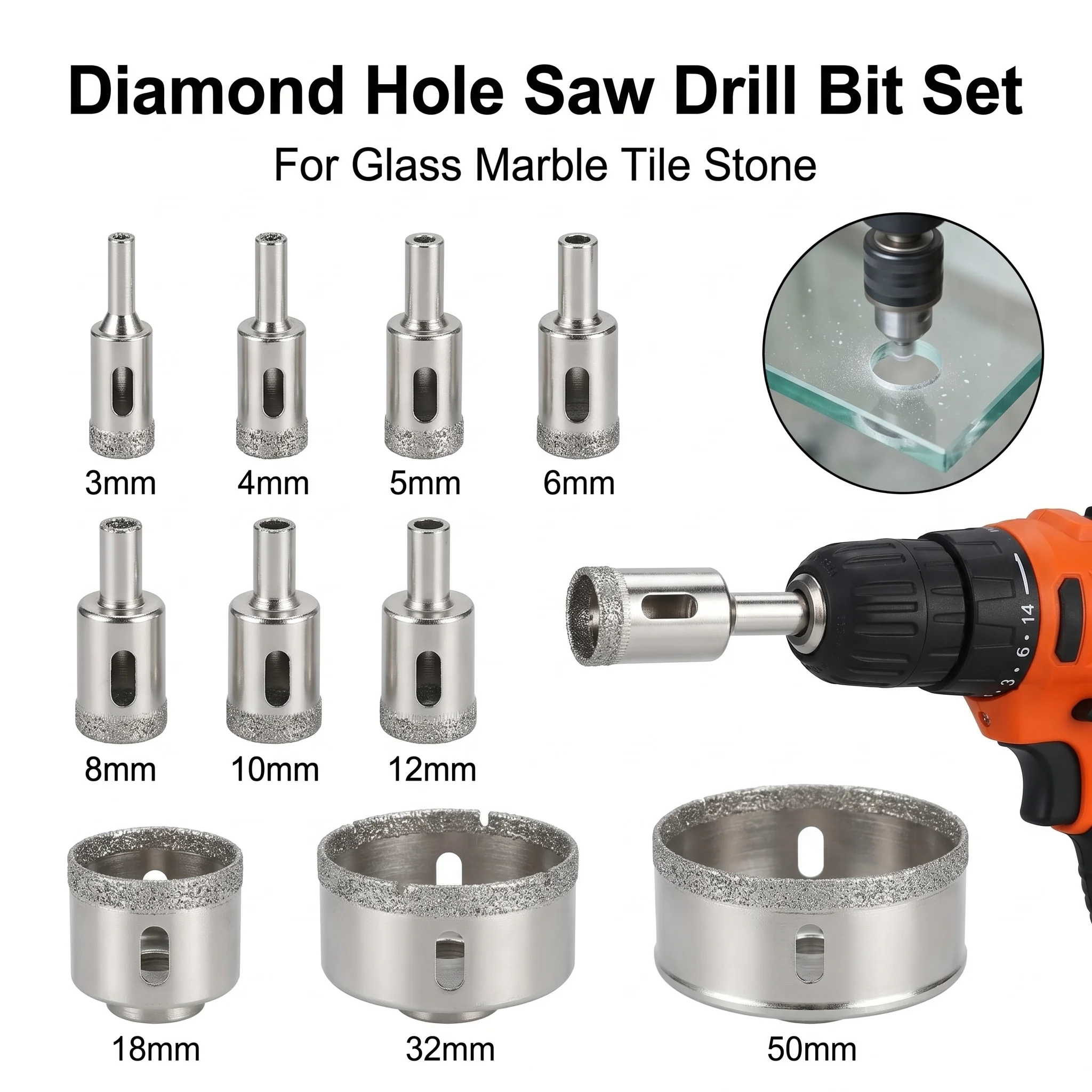 

10PCS Tile Hole Saw Drill Bit Set, 3-50mm Diamond Coated Hole Cutter for Marble, Granite, Glass, Ceramic & Porcelain