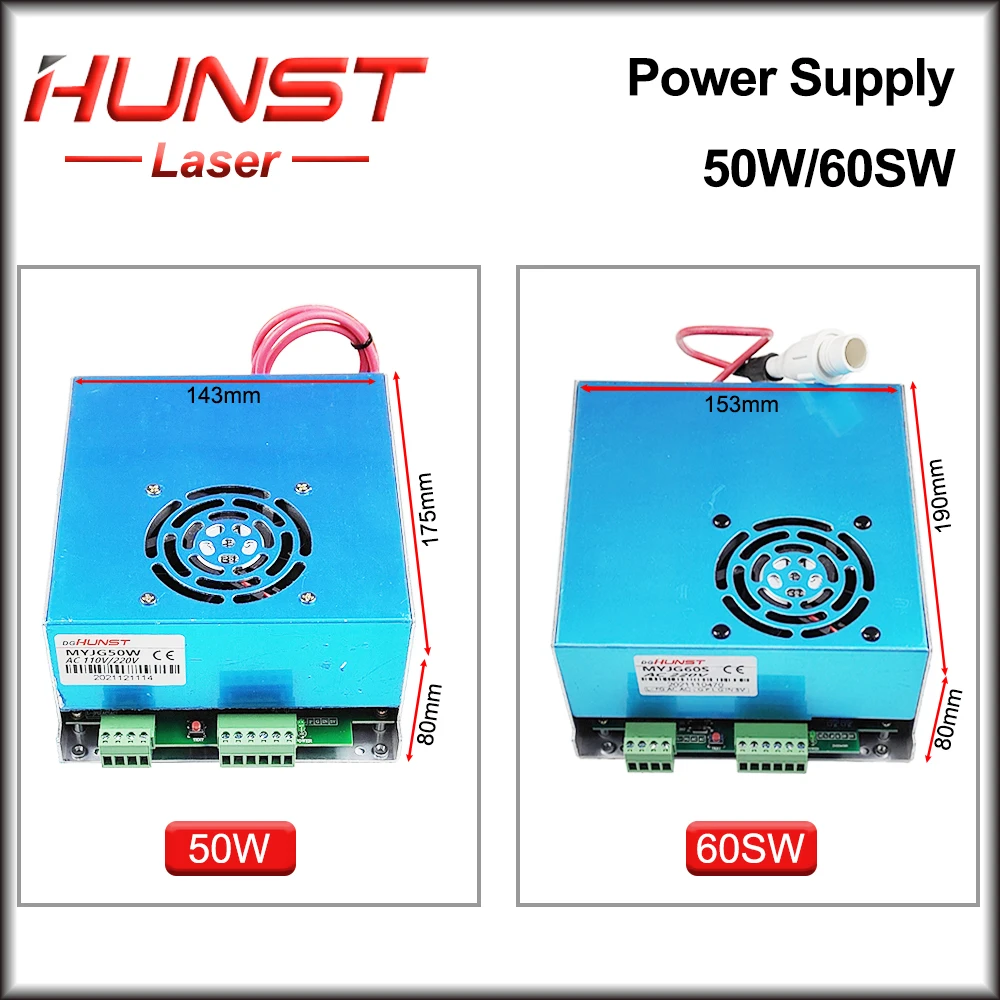 

Hunst MYJG-50W 60W CO2 Laser Power Supply 110V/220V Laser Generator For 40~70w Engraving Cutting Machine Glass Tube