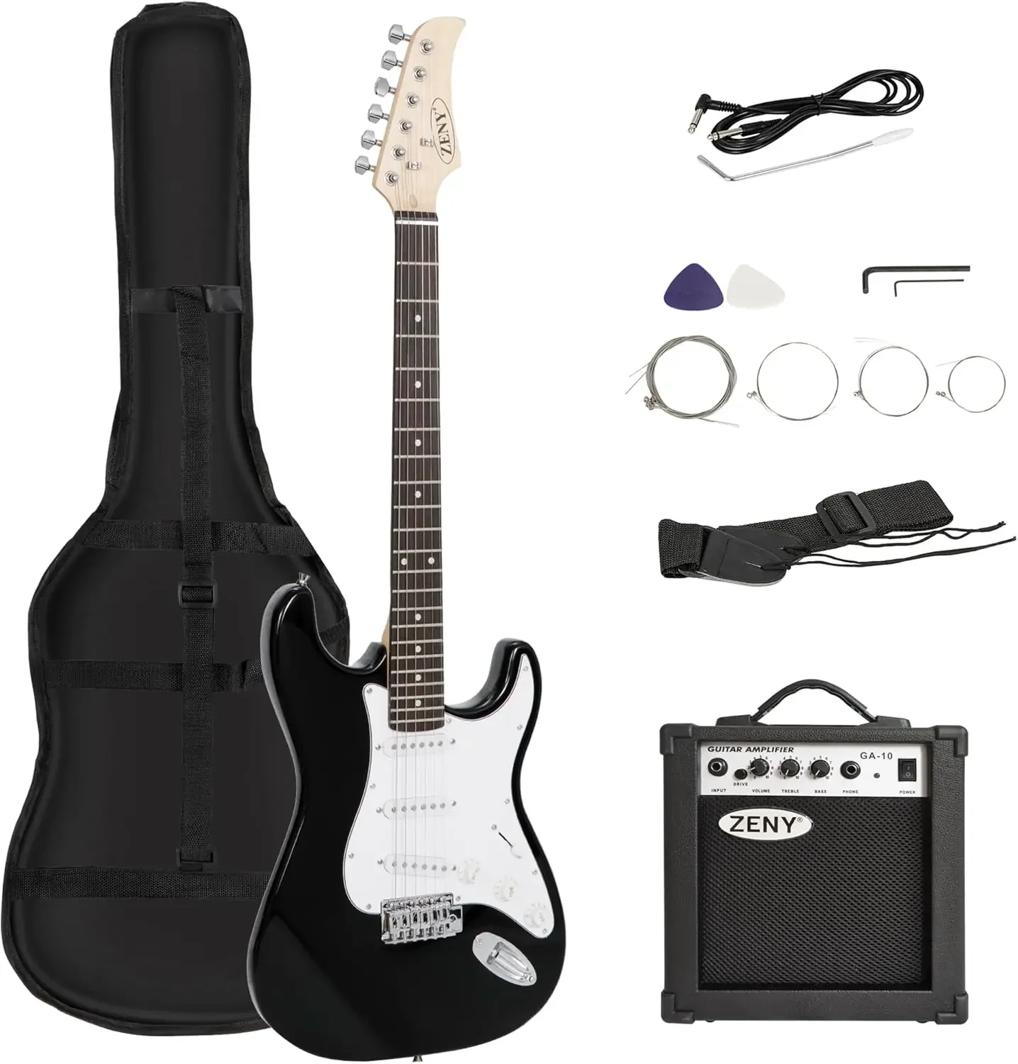 39in Full Size Electric Guitar with 10W Amp, Case and Accessories Pack Beginner Starter Package, Black