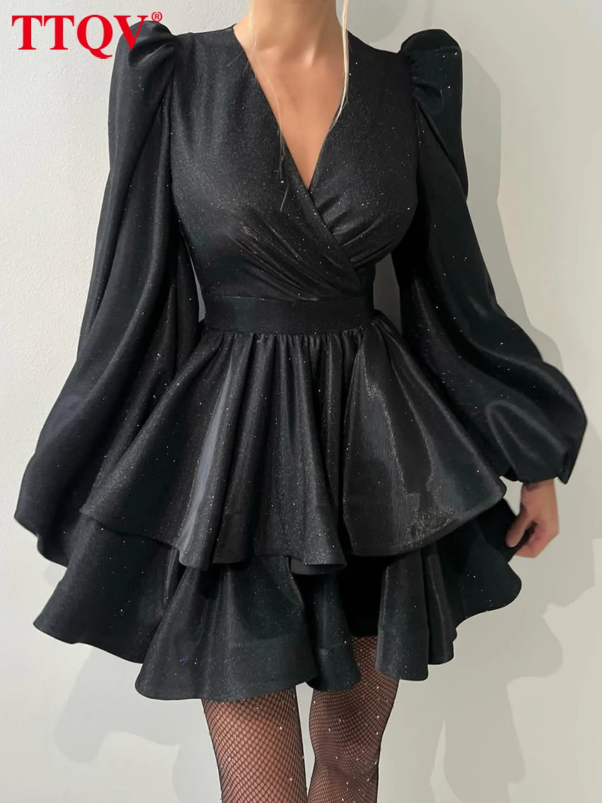 

TTQV Elegant Black V-Neck Women's Dress Fashion Long Sleeve Glitter Zipper Dresses Casual High Waisted Pleated Mini Dresses