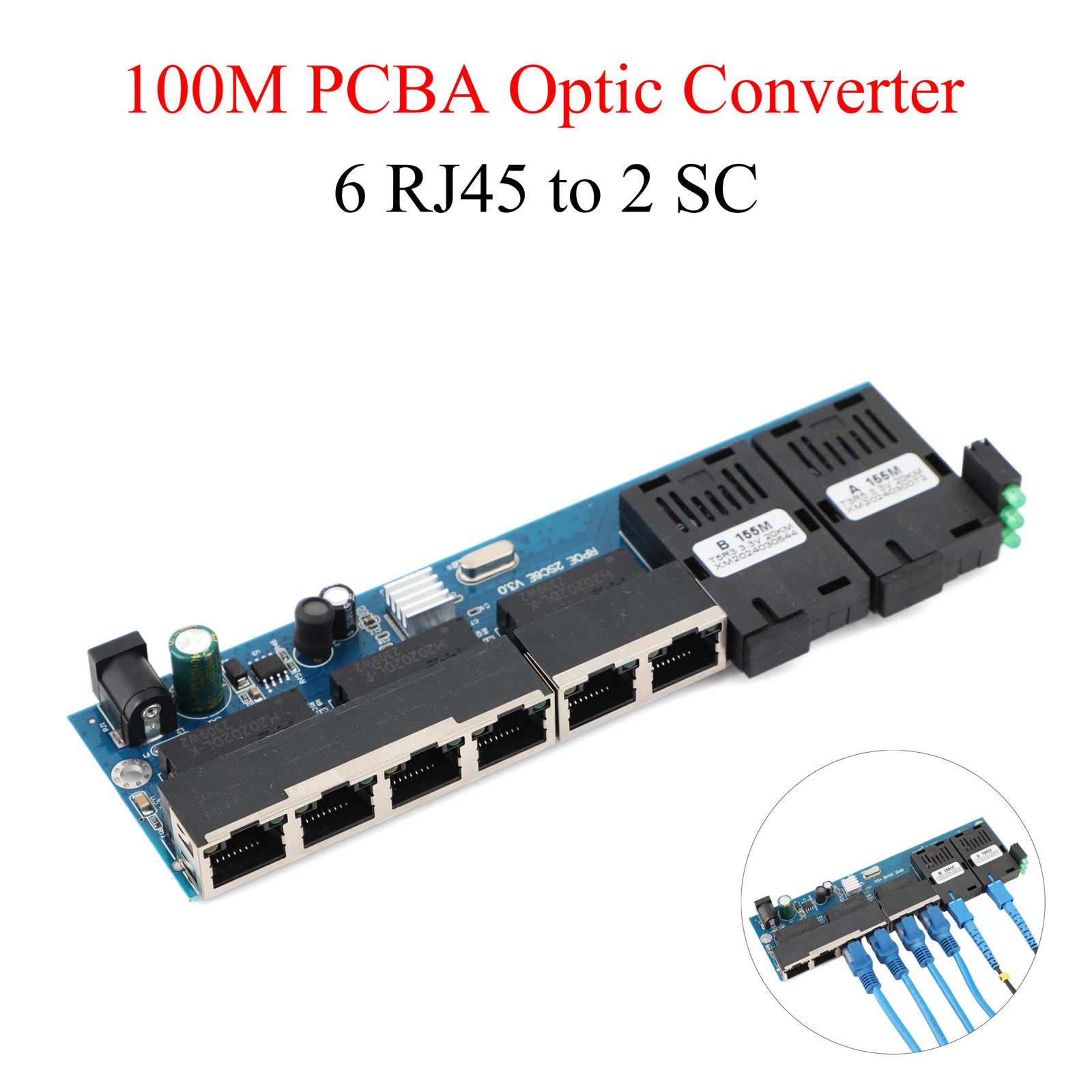 PCBA Board 6 RJ45 to 2 SC A+B Optic Connector 10M/100M Fiber Optic Media Converter 1310nm/1550nm Ports 20KM Ethernet POE Switch