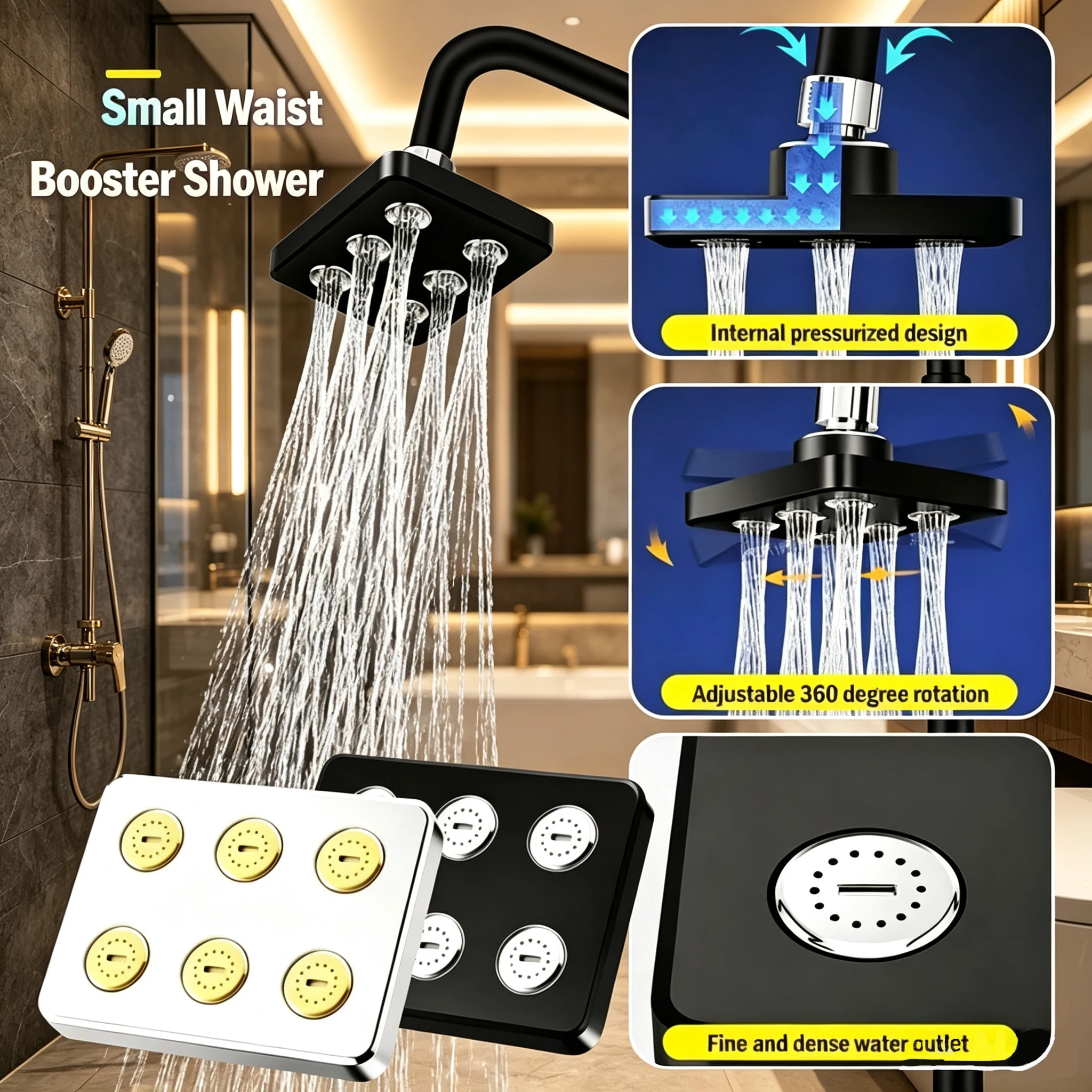6-pole pressurized shower top spray, equipped with a bracket, 360 ° rotation, square shape, water outlet not easily blocked