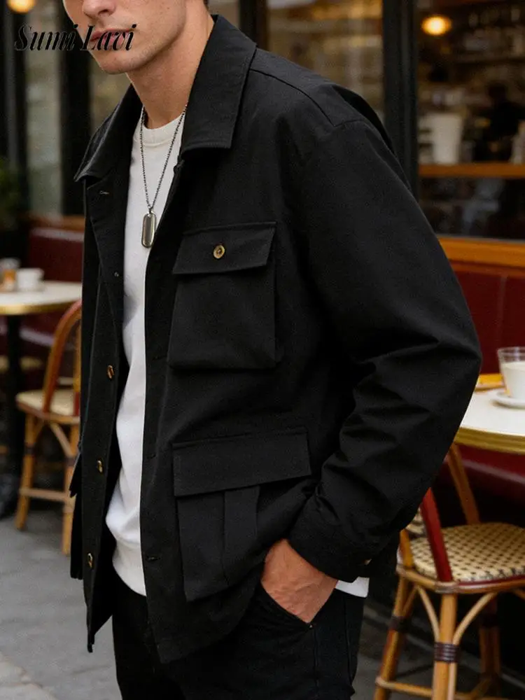

Stylish Mens Cargo Jackets 2026 Spring Streetwear Casual Long Sleeve Buttoned Lapel Jacket Coat Men Vintage Solid Color Cardigan