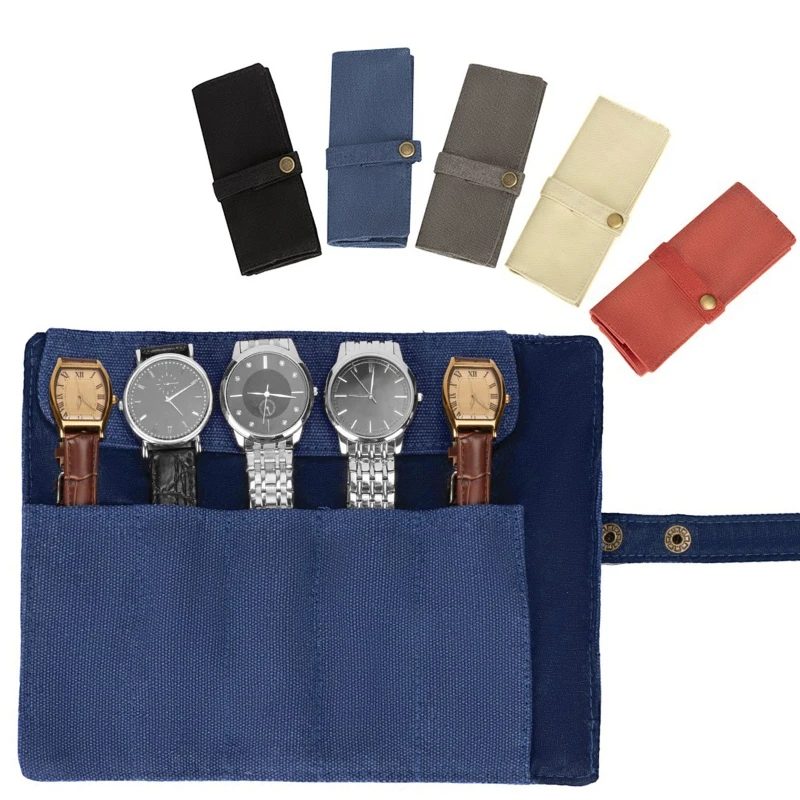 5 Slot Watch Roll Case Nylon Canvas Watch Bag Organizer for Watch Jewelry Storage Detachable Anti-Slide Button Buckle