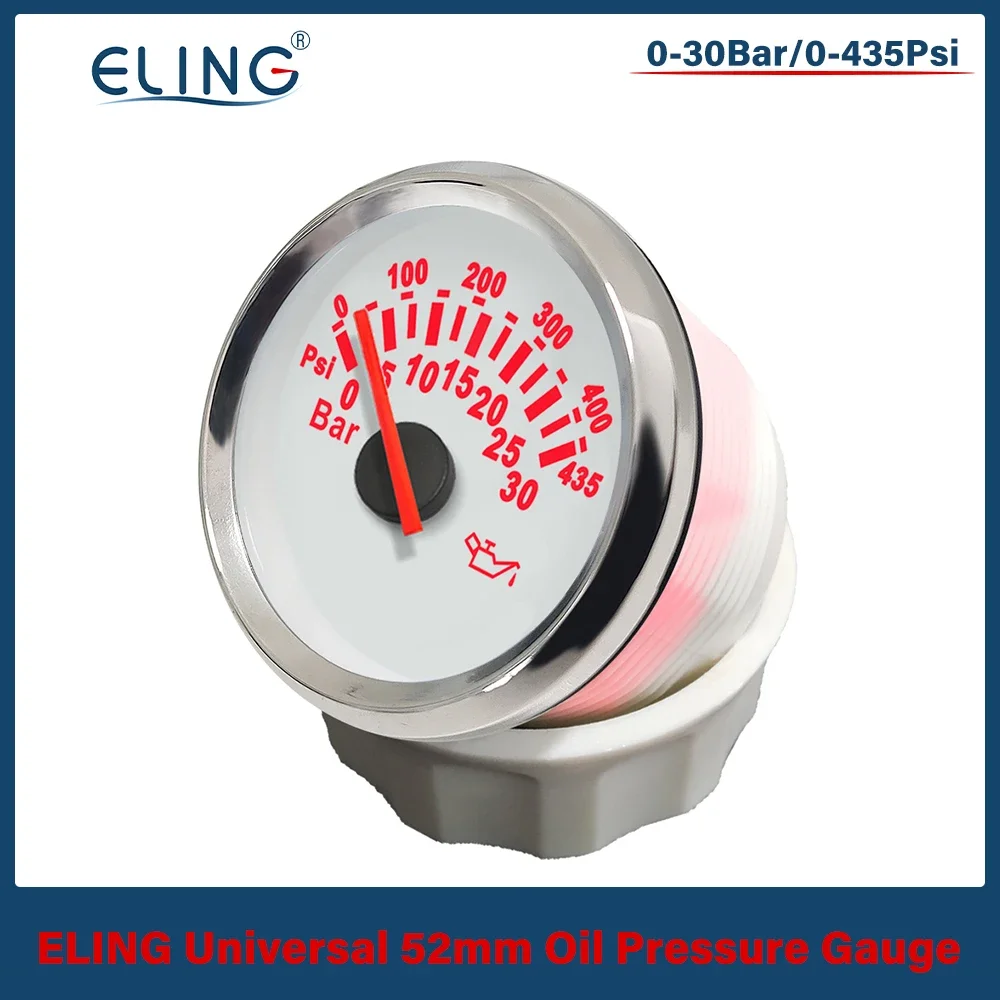 Newest Boat Car Yacht Universal 52mm Oil Pressure Gauge 0-30Bar 0-435Psi with Red Backlight 12V 24V