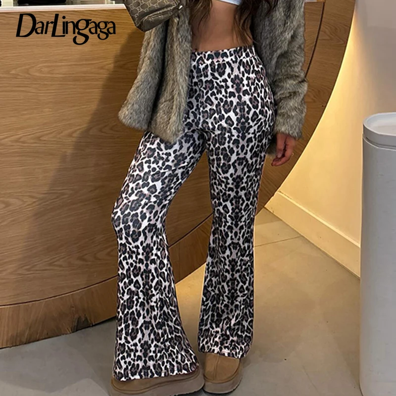 

Darlingaga Vintage Fashion Leopard Skinny Flare Pants Casual Streetwear Party High Waist Trousers Women Printing Bottoms Outfits