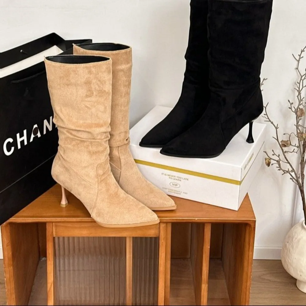 Women Soft Faux Suede Mid Calf Dress Boots Pointed Toe Thin Stiletto Heel Slouchy Ruched Shaft Pull On Style Night Out Footwear