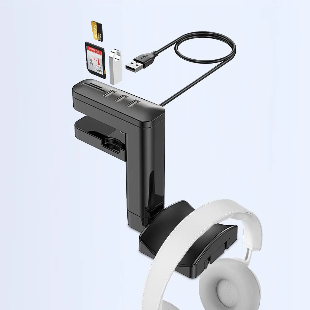 USB Clamp Hub with Headphone stand Hanger and SD/TF, Headset Hook Holder with 3 USB for PC,Computer Mac iMac Notebook PC