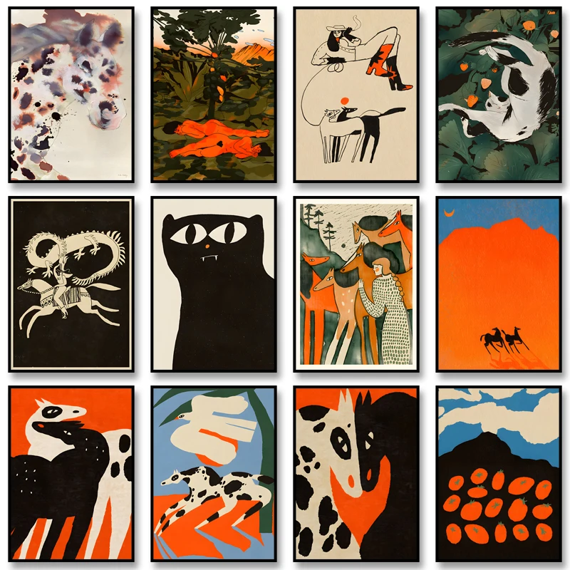 Vintage Abstrakte Tier-Leinwanddrucke Poster Japandi Katze und Pferd Mid-Century Ästhetik Kunstdrucke Schlafzimmer Wandkunst Wohndekoration