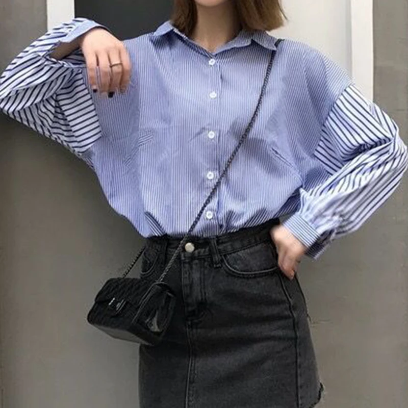 

Полосатая рубашка с рукавами «летучая мышь» и блузка, свободная женская повседневная одежда с длинными рукавами, однобортный топ с отложным воротником, оверсайз