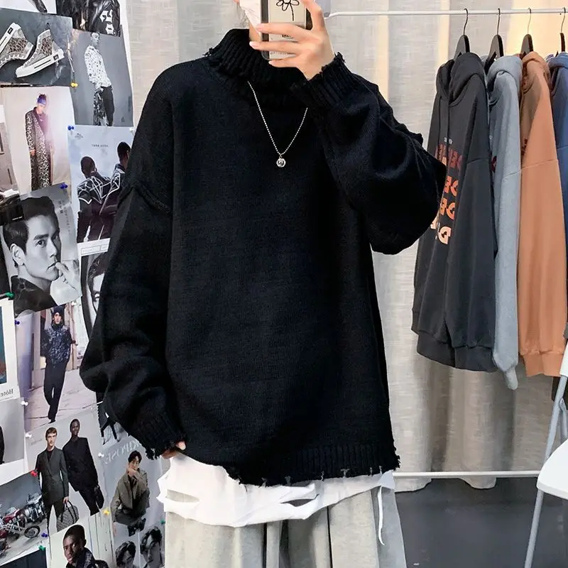 

Chic Frayed Hole Loose Sweaters Men's Clothing Solid Color Basic Turtleneck Autumn Winter Casual High Street Knitted Pullovers