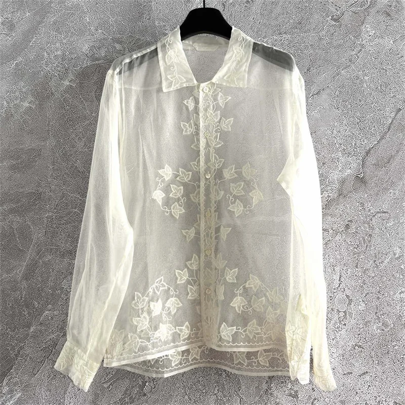 

Women's shirt New single breasted slim fit long sleeved top for summer 2025 Flower embroidery Women's blouse 100% silk Women top