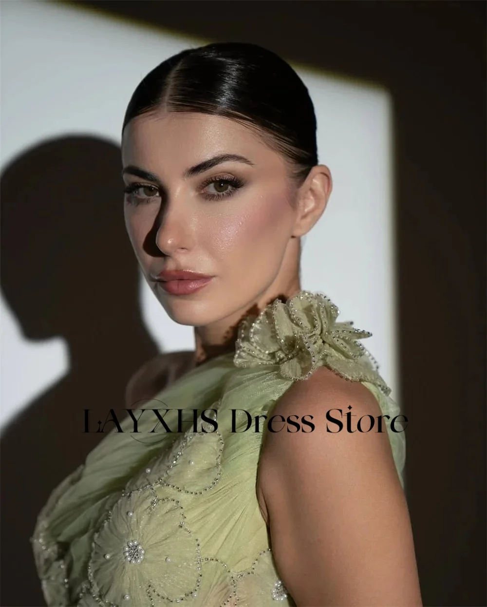 LAYXHS mode vert une épaule robes de soirée fleurs 3D a-ligne dentelle robes de bal personnalisé فستانmavera