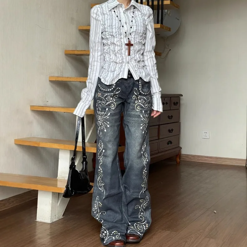 

American Retro Gemstone Pattern Denim Pants Y2k High Waist Bell Bottom Jeans for Women 2025 New Loose Wide Leg Pants