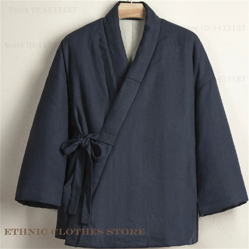 

Мужское японское кимоно большого размера 3XL 4XL, кардиган в китайском стиле, утепленная куртка с хлопковой подкладкой, топы Hanfu, новинка, этнический костюм