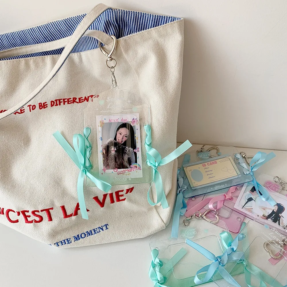 With Keychain DIY Ribbon Photocard Holder PVC Card Cover Love Heart Pendant ID Photo Photocard Frame Korean Style