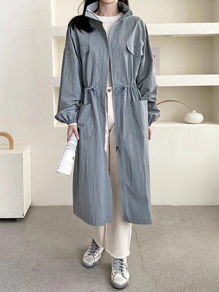 

Chic Autumn New Design Stand Collar Double ket Dstring Waist Midi Length Women's Windbreaker Jaet Korean Sle Loose Fit