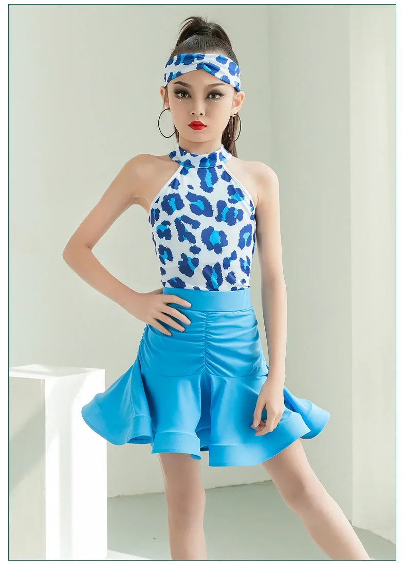 1set/lot classic style children Blue leopard print latin dancing costumes girl sexy patchwork cha cha tango dancing costumes