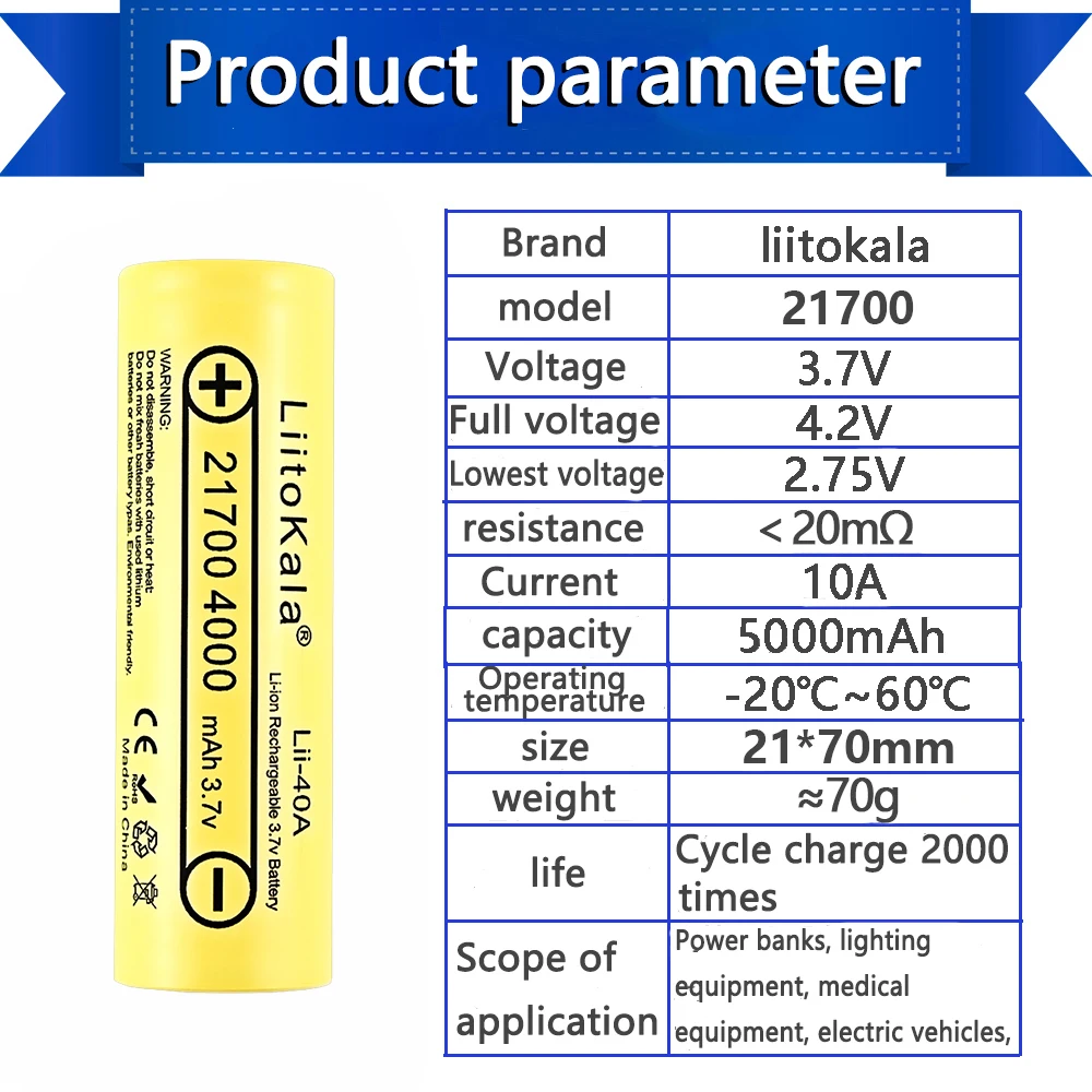 1-20pcs LiitoKala Lii-40A 21700 4000mah Rechargeable Battery 3.7V 10C discharge High Power batteries High Drain Batteries