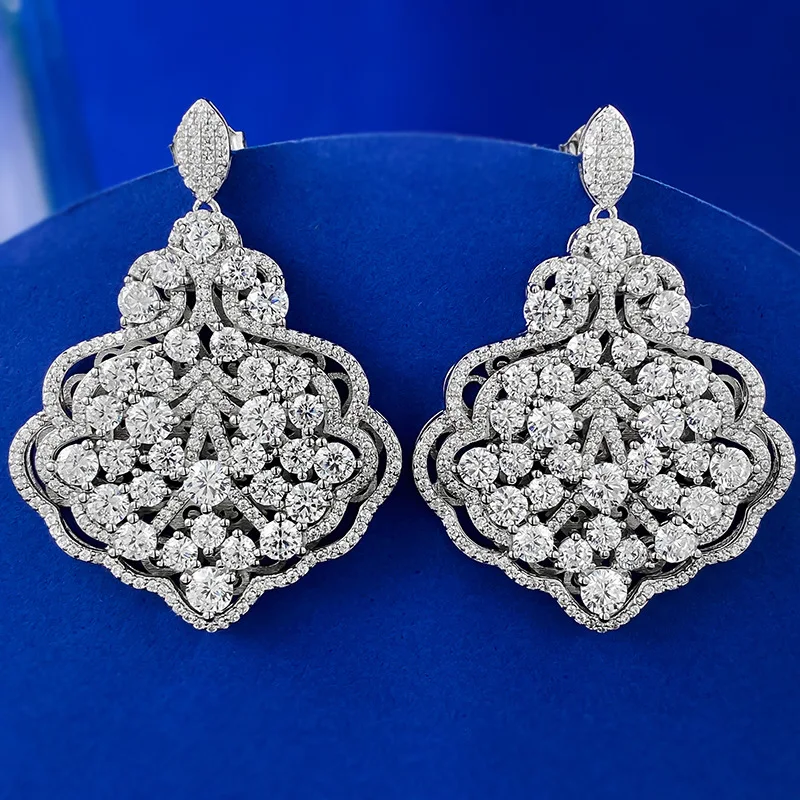 S925 Silver Ear Studs Luxury Hand Set White Diamond Full Diamond Leaves Silver Earrings Luxury and Grand Women's Ornament