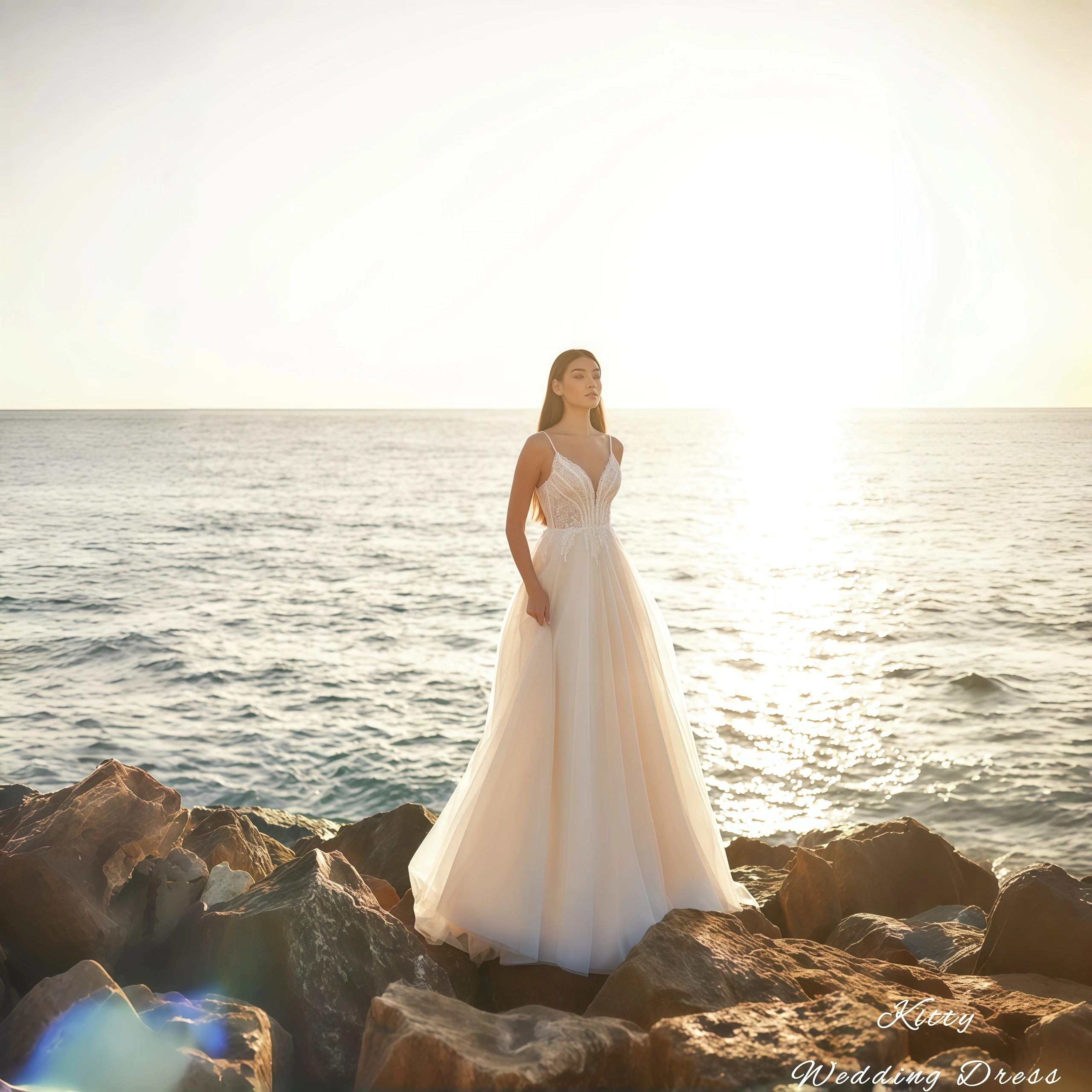 

Kitty Customized Romantic A-Line Lace Wedding Dress Spaghetti Straps Deep V Neck Floral Lace Appliques Sleeveless Bridal Gowns
