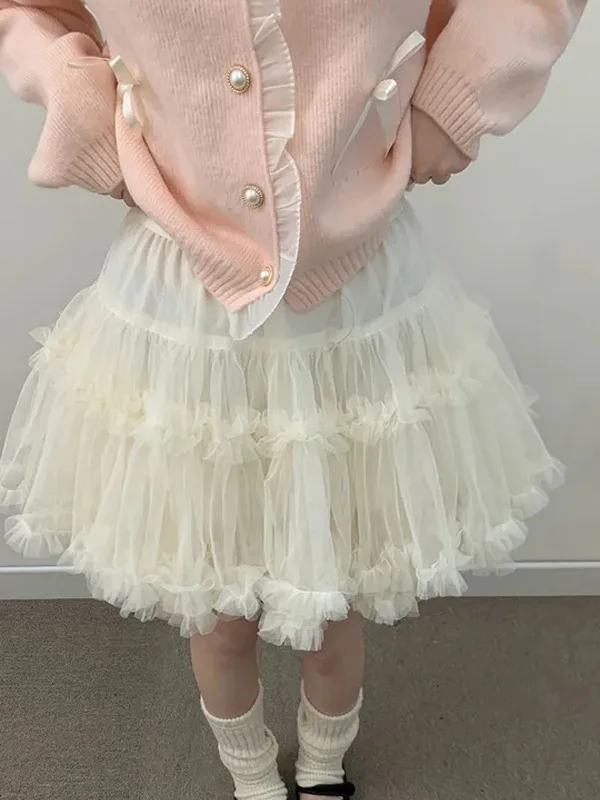 Sweet Mesh Skirt Fashionable Puffy Elastic Waist Cake Skirt Casual Style Wooden  Design Cotton Material Ladies Skirt