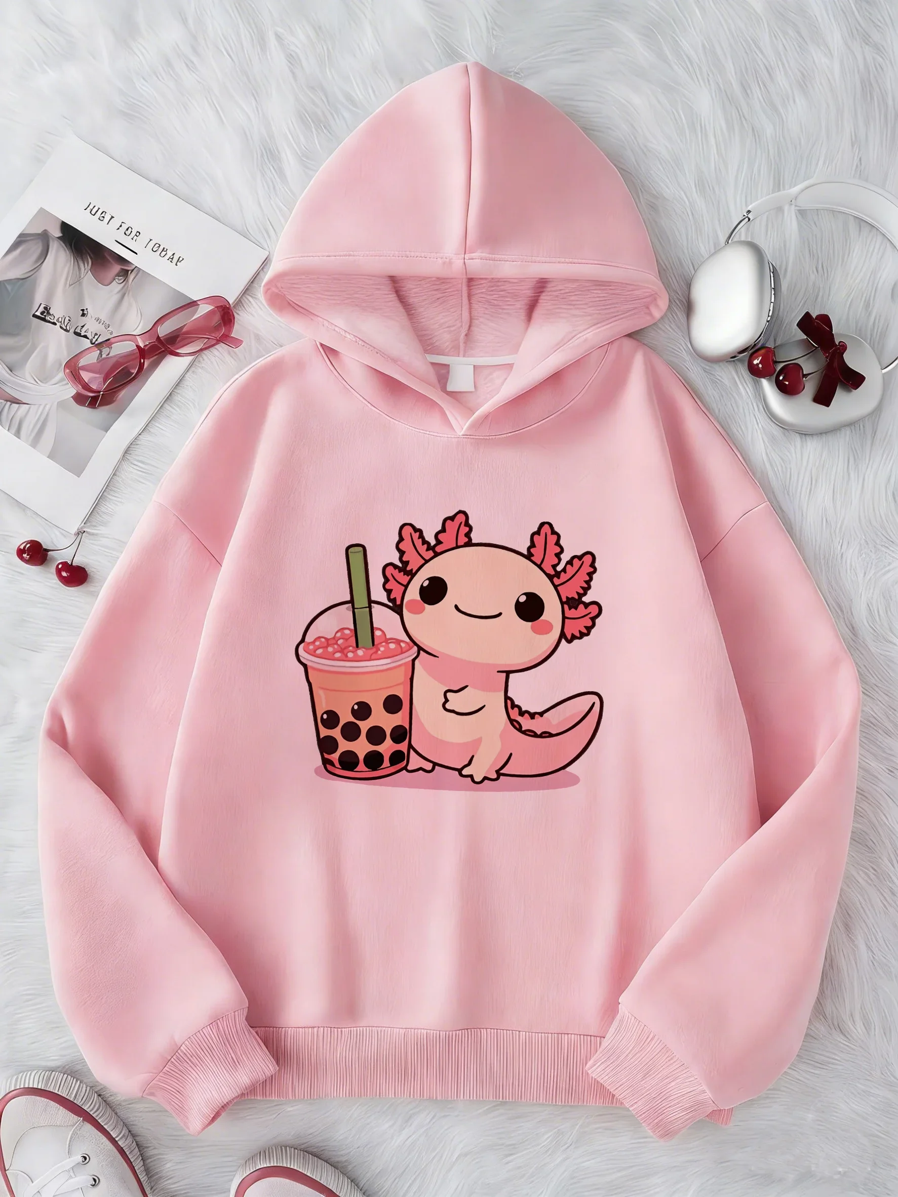 Cute Axolotl Drinking Bubble Tea Cartoon Print, Children Hoodie Kids Pullover Long Sleeve Kawaii Amphibian Casual Sweatshirt Top