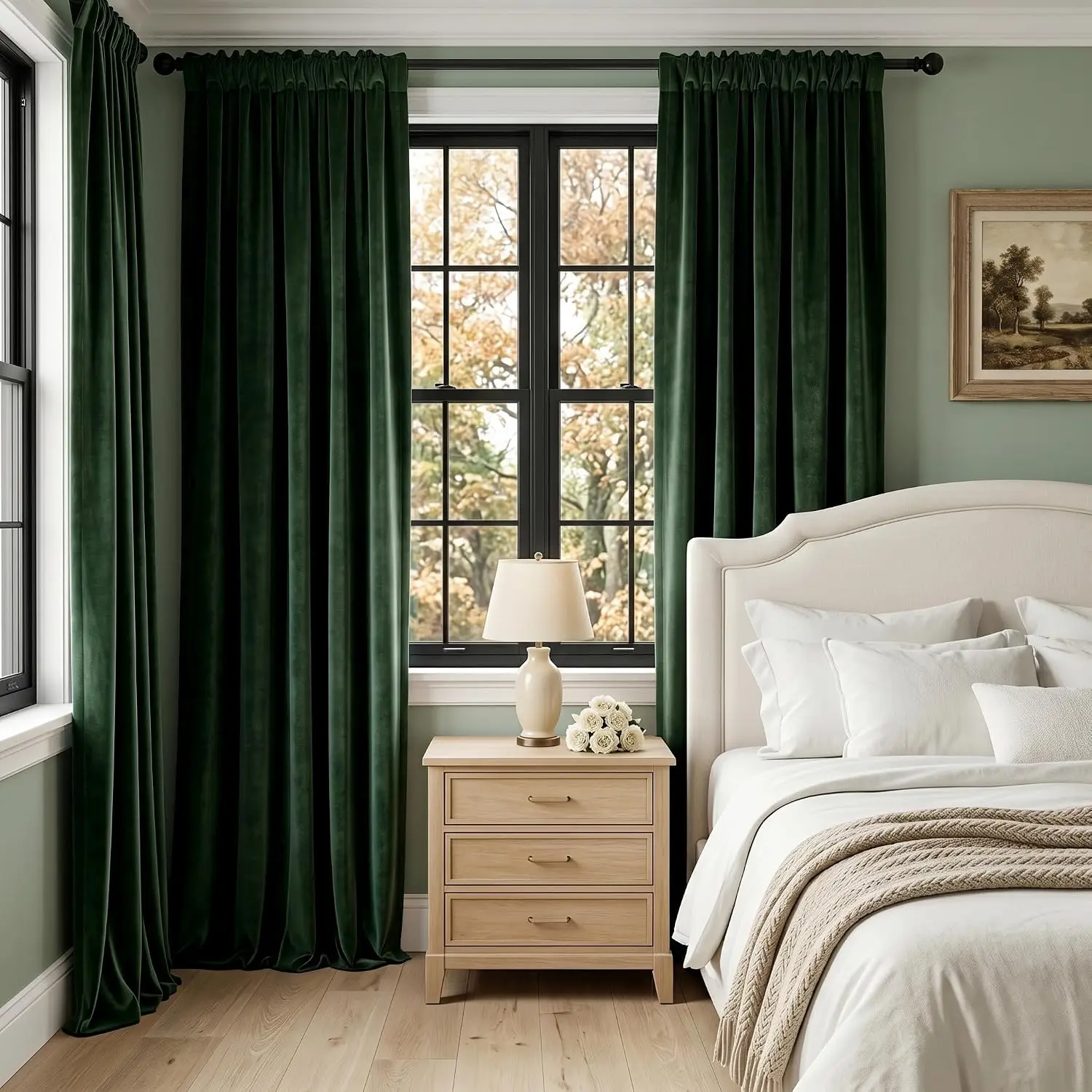 Dark Green Velvet Curtains for Bedroom Window, Super Soft Vintage Luxury Heavy Drapes, Room Darkening Curtain Rod Pocket，1pc