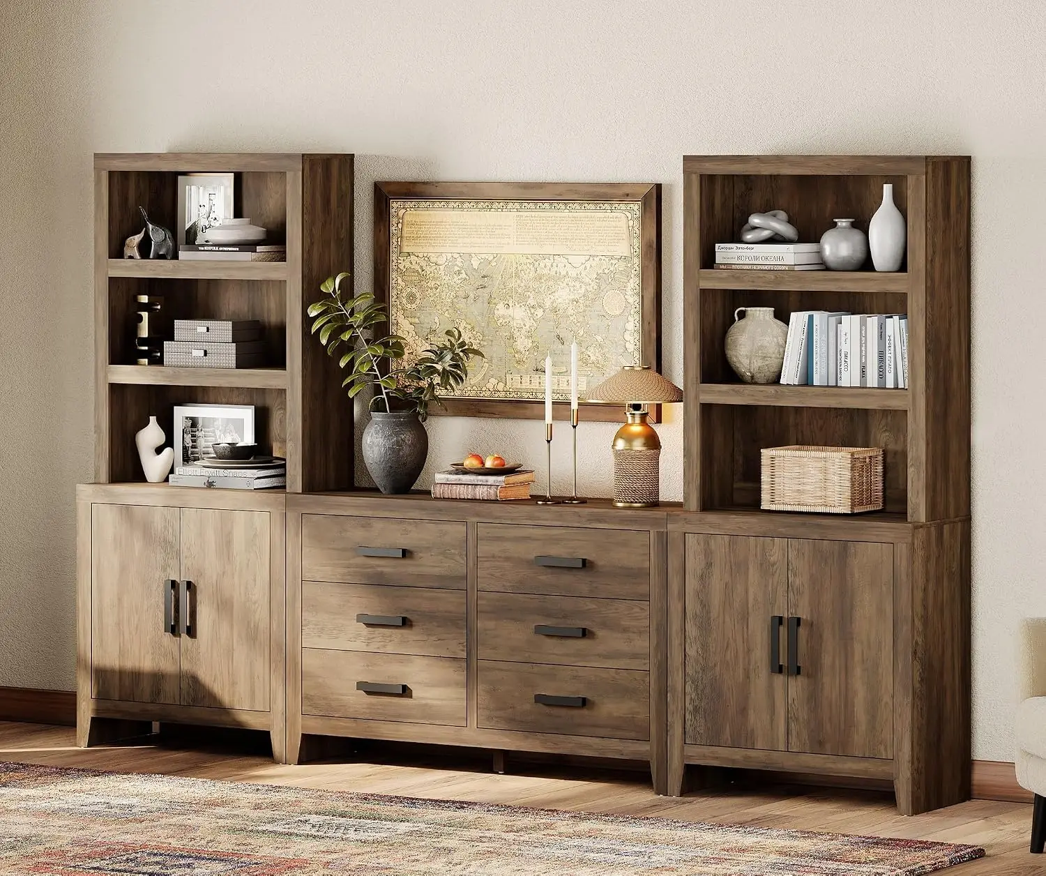 4-Piece Modular Entertainment Center with Bookshelves, Large Farmhouse Media Console Cabinet, Tall Storage Wall Unit with 6 Draw