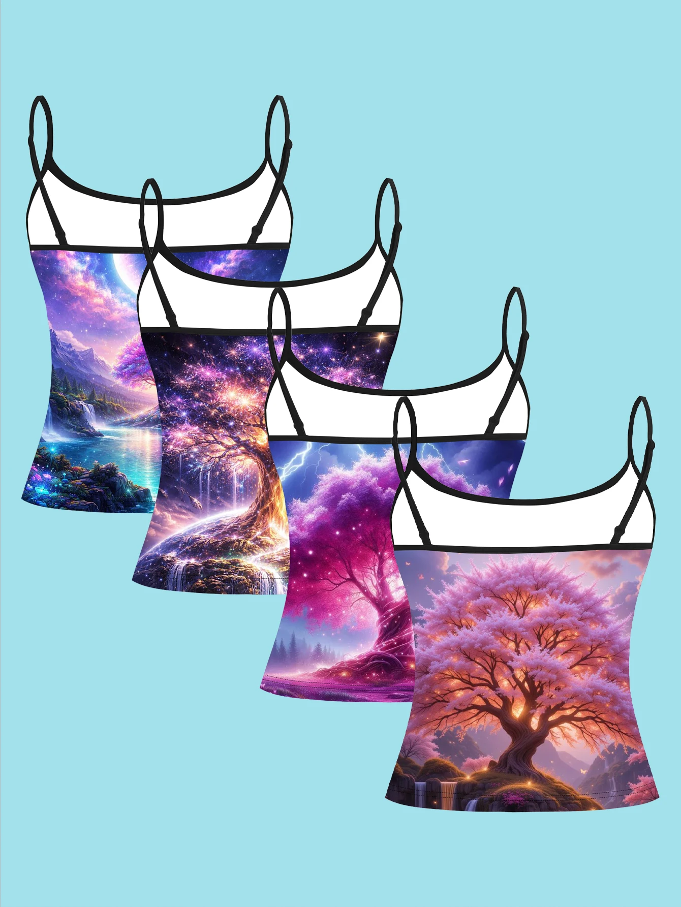 4-Piece Set of Purple Fairy Tree Starry Sky Camisole Set with Floral Waterfall and Star Moon Patterns for Women's Base Layer Tank Top