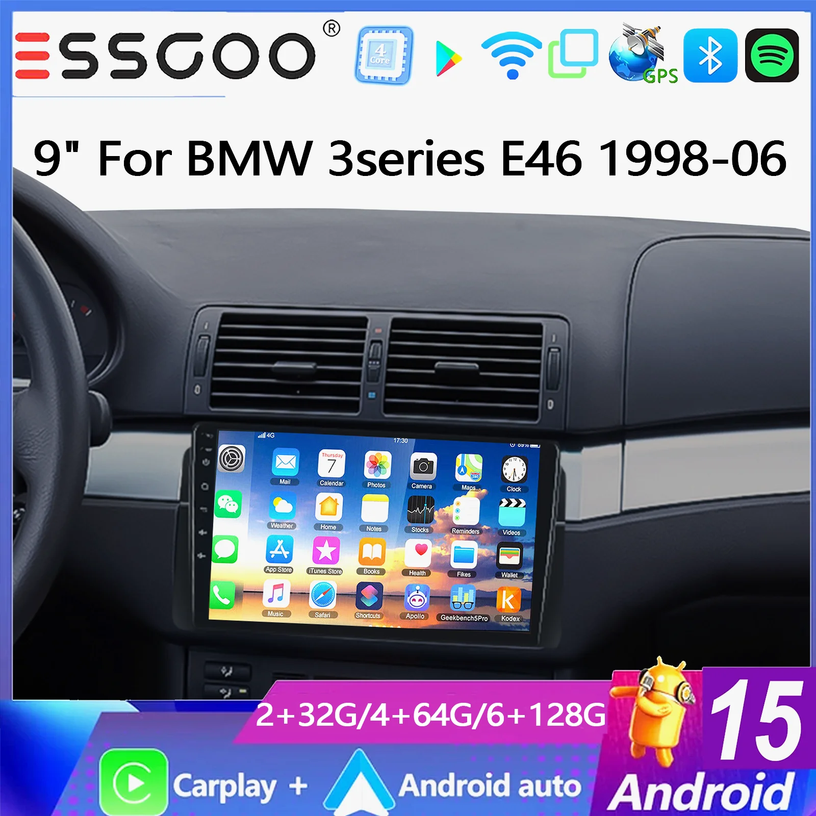 ESSGOO 9 Zoll 2+32G/4+64G Für BMW 3er E46 M3 Rover 75 MG ZT Android 15 Kabelloses Carplay Android Auto Autoradio GPS Navi FM BT RDS ASP Mirror Link IPS Touchscreen Multimedia-Videoplayer