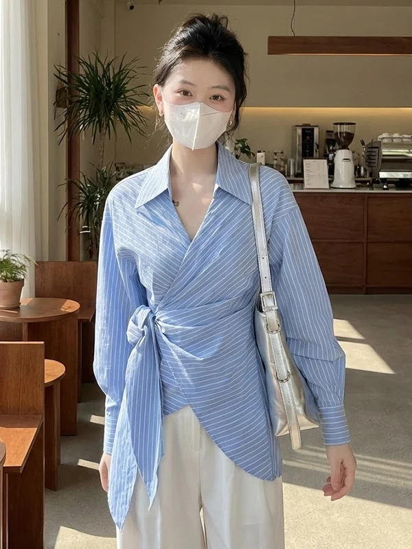 

Синяя женская блузка с длинным рукавом, поясом на талии, повседневная, с многослойным воротником, весна 2026, новинка