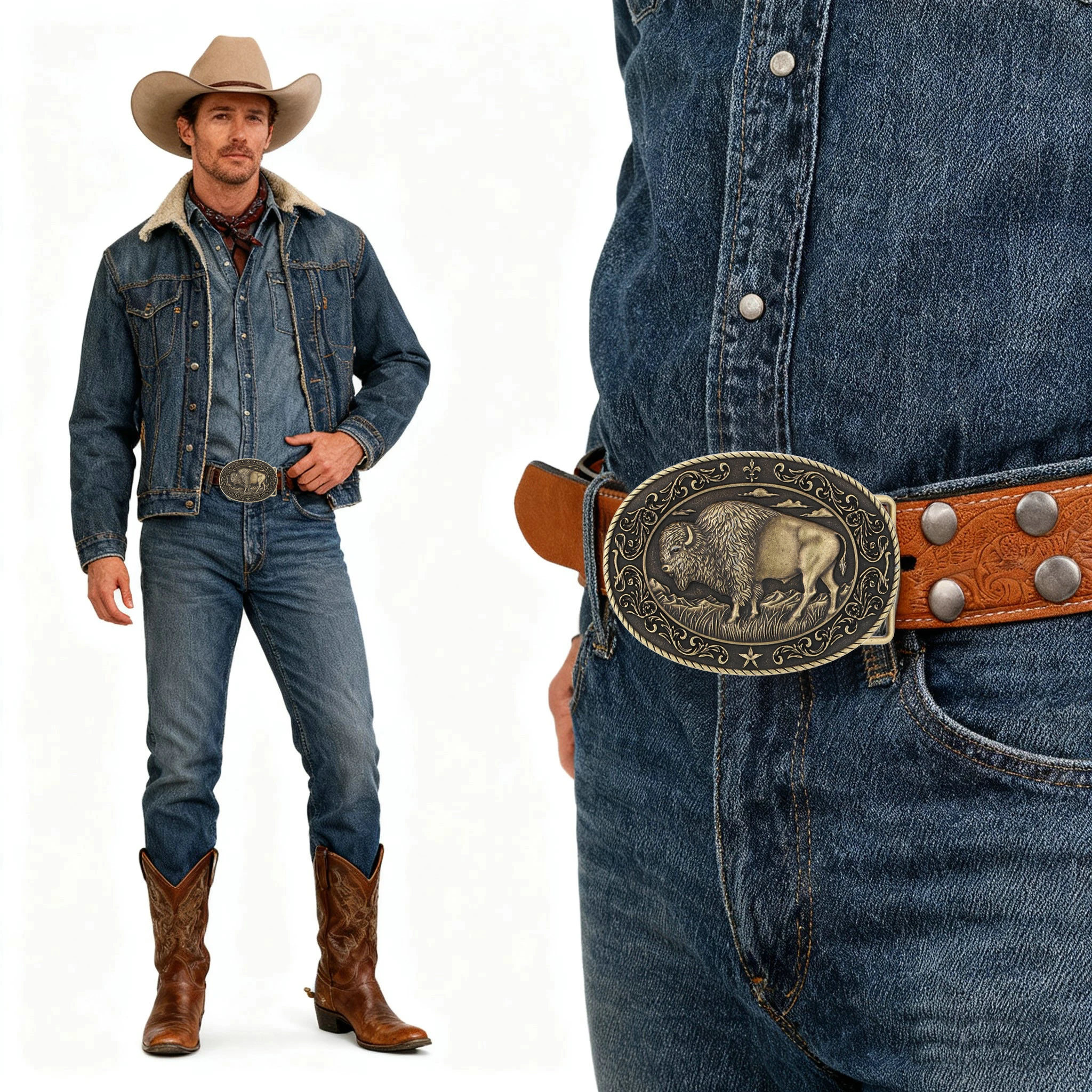 Fibbia per cintura occidentale Modello combinato leone e toro Cowboy Cowgirl Fibbia per cintura in lega di zinco in pelle goffrata per jeans